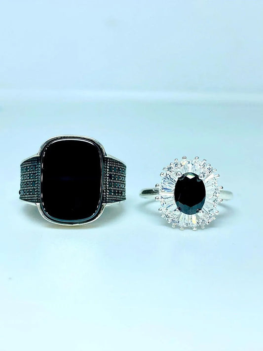 Chic Black Silver Couple Rings Set