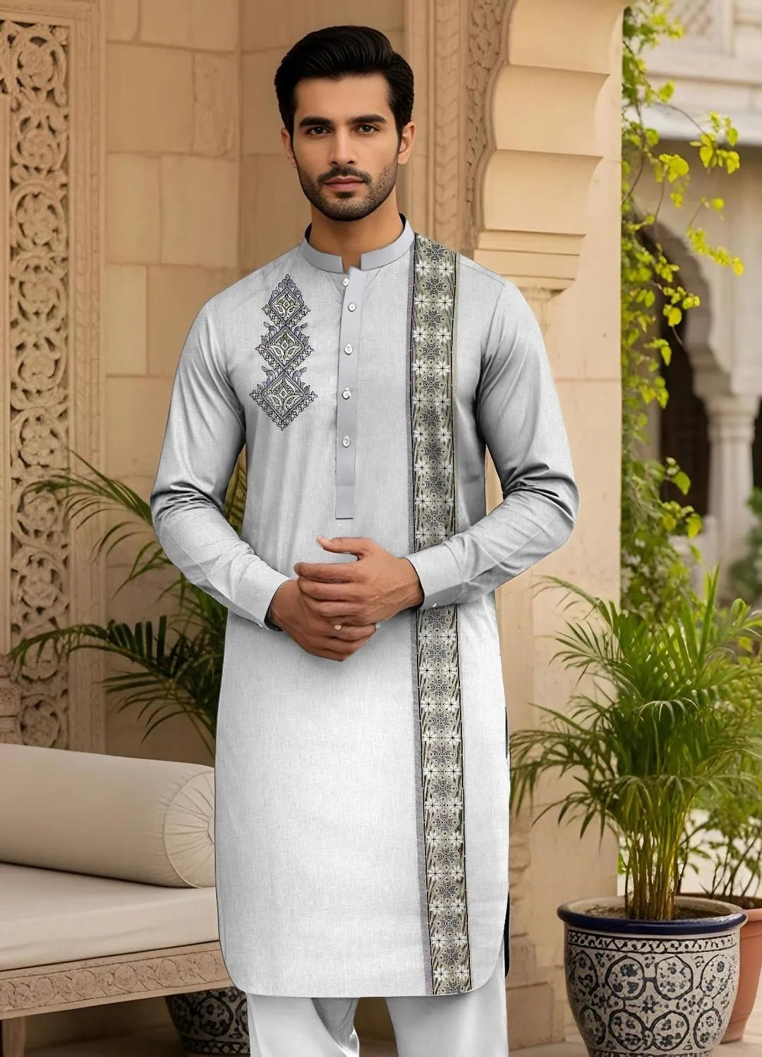 Premium Soft Cotton Fabric with Elegant Embroidery for Custom Tailoring